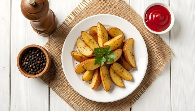 Golden brown potato wedges seasoned with herbs served with ketchup and peppercorns