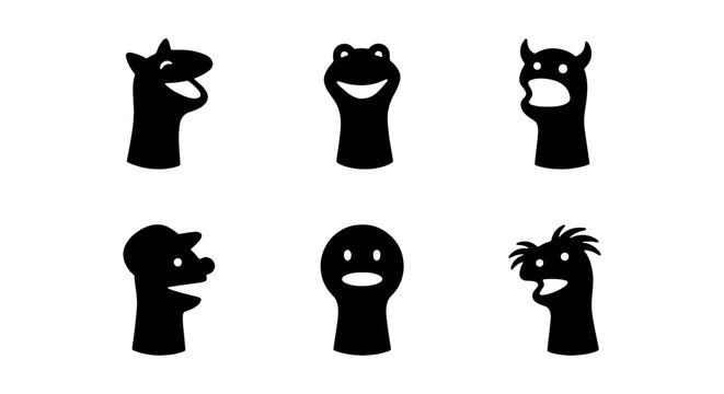Six Black Silhouette Finger Puppets, Diverse Characters, Playful Icons, Storytelling Elements