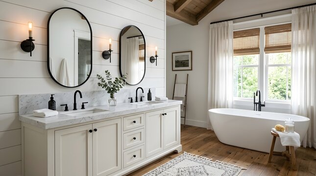 Modern luxury bathroom interior with a double vanity sink and a freestanding white bathtub