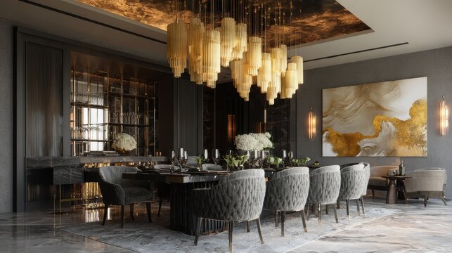 Modern contemporary interior with artistic wall d&eacute;cor, elegant dining area, stylish home design, natural light, minimalist architecture, refined living space and sophisticated lifestyle atmosphere