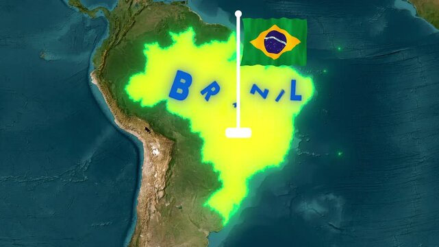 3D Satellite Map Zoom into Brazil with Glowing Border and National Flag