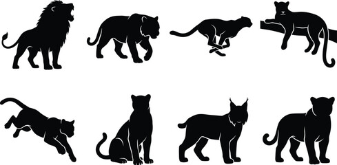 Big cats silhouette vector set featuring wild predators roaring hunting running stalking and resting isolated on white background © Alif