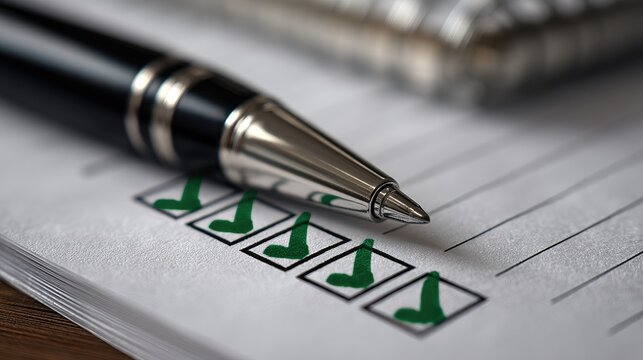 Macro view of a white paper list showing five green checkmarks in boxes with a shiny black executive pen on the page