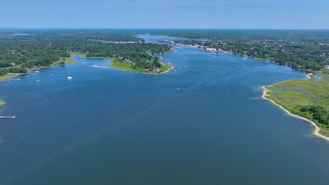 Warren coastal town aerial view at Barrington River, town of Warren, Rhode Island RI, USA. 