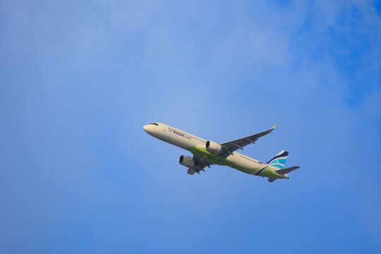 Air Busan Airbus A321 climbing after takeoff on February 22, 2025 in Fukuoka, Japan.