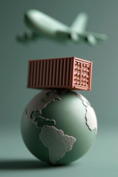 Cargo container model on globe with airplane above symbolizing global logistics