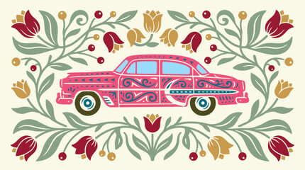 Folk art vector illustration of a decorated retro classic car surrounded by a symmetric floral tulip border frame in a traditional Scandinavian style © GraphicGalaxy