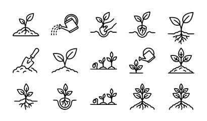 Fototapeta premium Growing plant linear icons set with editable stroke farming sprout in ground watering can and garden care website symbols vector