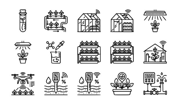 Hydroponic system and greenhouse line icons set with editable stroke modern agrotech vertical farming grow light symbols vector