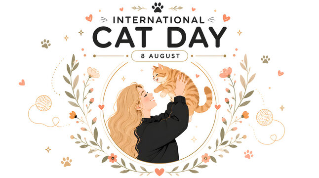 International cat day celebration illustration with girl holding kitten and floral decorative frame