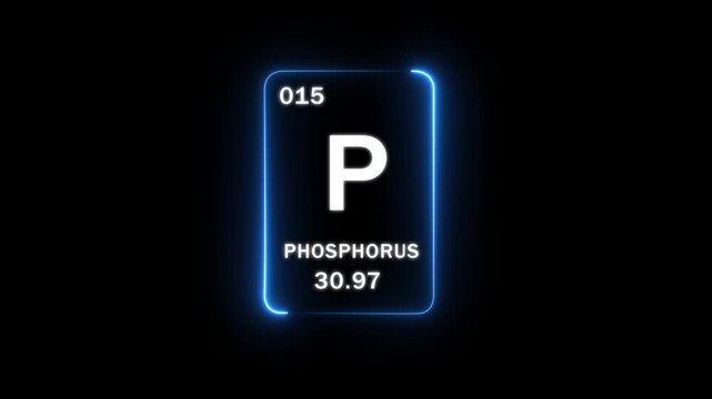 Phosphorus chemical element from the periodic table showing atomic number 15 and atomic weight 30.97 with glowing text and a neon blue border on black, 4k loop motion graphics..