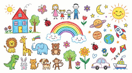 Naklejka premium Colorful Hand Drawn Doodle Set Featuring Cute Animals Planets And Happy Childhood Objects Elements