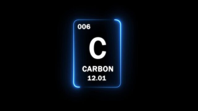 Carbon element card of the periodic table showing atomic mass and atomic number with a glowing neon blue border on a minimalist black background 4k loop...