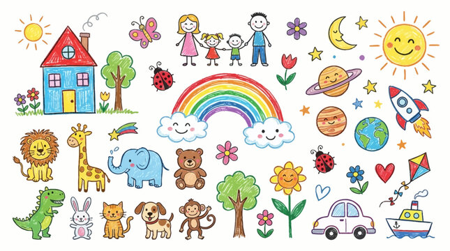 Colorful Hand Drawn Doodle Set Featuring Cute Animals Planets And Happy Childhood Objects Elements