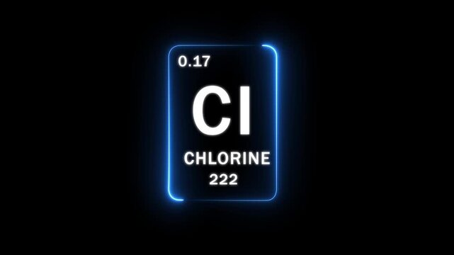 Chlorine chemical element from the periodic table showing motion graphics.. atomic number 0.17 and weight 222 with glowing white text and a neon blue border on a black background..