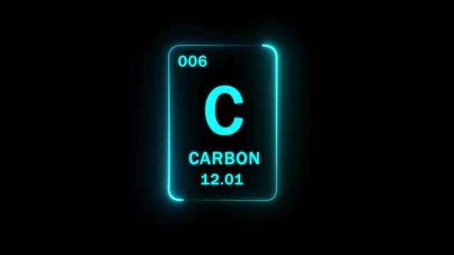 Carbon element card of the periodic table showing atomic mass and atomic number with a glowing neon cyan border on a minimalist black background 4k loop...