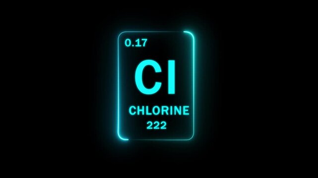 Chlorine chemical element from the periodic table showing motion graphics.. atomic number 0.17 and weight 222 with glowing white text and a neon blue border on a black background..
