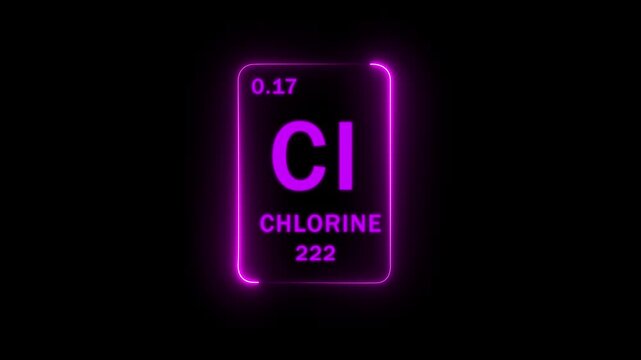 Chlorine chemical element from the periodic table showing motion graphics.. atomic number 0.17 and weight 222 with glowing white text and a neon blue border on a black background..
