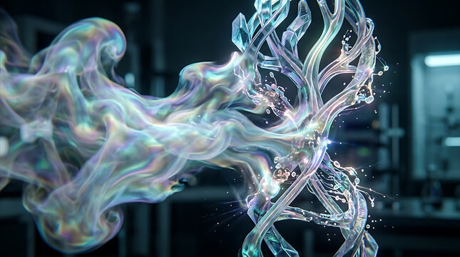 Abstract 3D illustration of a crystalline DNA double helix with iridescent smoke in a dark science laboratory