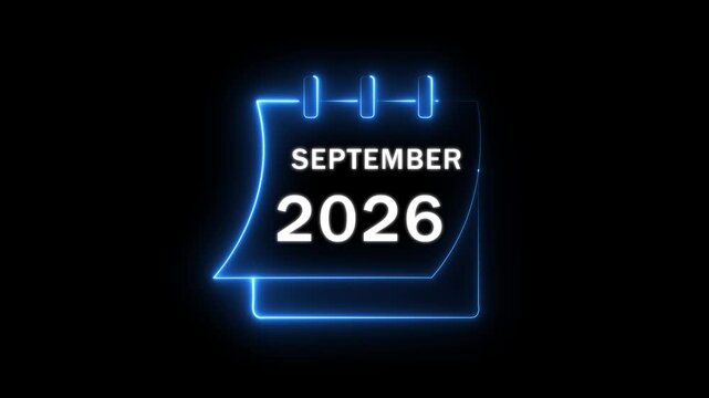 Futuristic monthly planner sign for September 2026 featuring glowing blue neon lights, a ring binder calendar design, and high contrast minimalist dark style motion graphics..