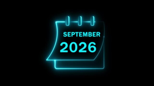 Futuristic monthly planner sign for September 2026 featuring glowing cyan neon lights, a ring binder calendar design, and high contrast minimalist dark style motion graphics..