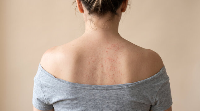 Rear view of a woman with a red itchy rash across her upper back and shoulders, showing irritated skin, allergy, eczema, dermatitis, or heat rash symptoms.
