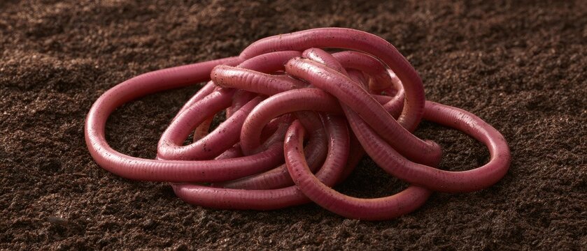 Detailed top down view of segmented redworms in dark potting soil with high contrast and sharp focus, captured in natural light