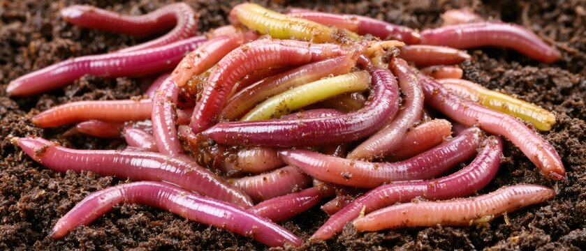 Detailed shot of segmented redworms in dark potting soil displaying their slimy bodies and rich colors