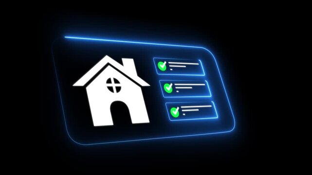 Digital Home Management Concept, with Smart Technology and Checklist 4k loop for Modern Living in an Urban Environment verified tasks with blue checkmarks on a black background 3D video..
