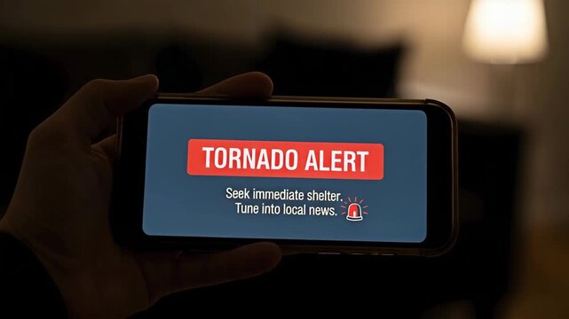 A tornado alert displayed on a smartphone screen, signifying emergency and danger.