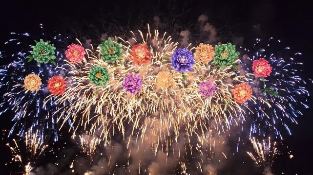 Spectacular Fireworks Display at Night with Colorful Blooming Flower Animation Overlay for Celebration