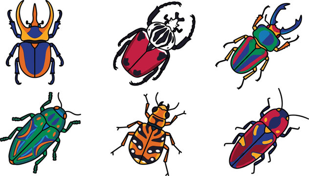  Linocut insect vector illustration set with retro woodblock print style exotic beetle icons isolated on white background