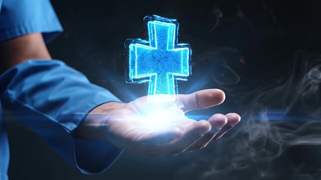 Glowing medical cross icon floating between human hands.
