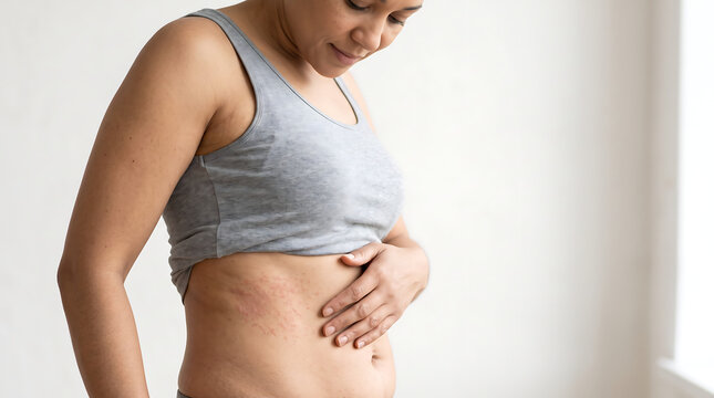 Woman checking a red itchy rash on the side of her abdomen, close-up of skin irritation caused by allergy, eczema, dermatitis, heat rash, or inflammation.