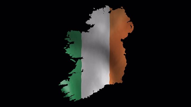 Ireland National Flag Fabric Waving Inside Map Boundary Isolated on Alpha Channel Loop 4K