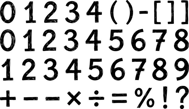 Stenciled numeric and mathematical symbols set with calculation arithmetic brackets education learning typography isolated illustration mathematics equation subtraction division