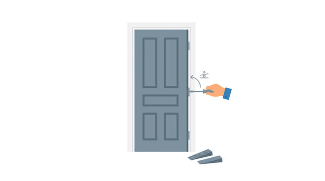 Hand opening or closing a door with a key, concept of access or security