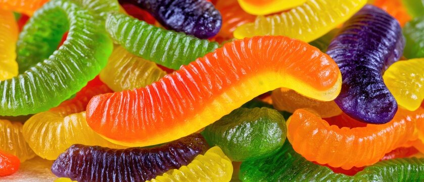 Colorful gummy worms in a heap showing bright shades and textures under natural light