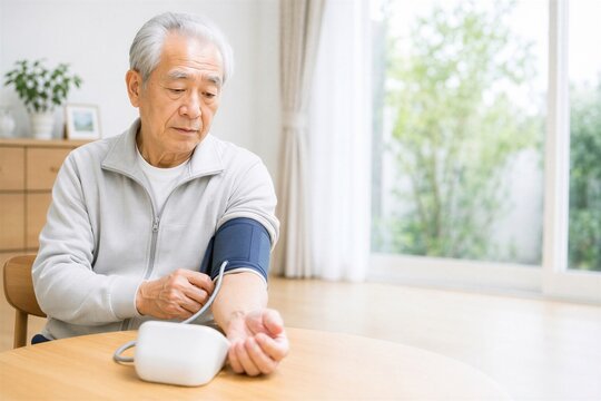 家庭用血圧計で血圧を測る日本人シニア男性
