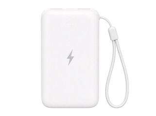Fototapeta premium White portable power bank with wrist strap isolated on transparent background