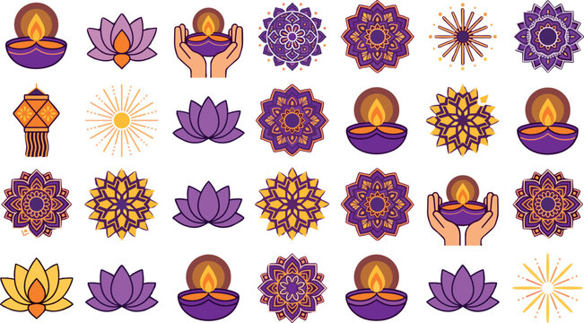 Diwali festival celebration vector icon set with traditional purple diya oil lamps mandala patterns lotus flowers paper lanterns and fireworks on white background