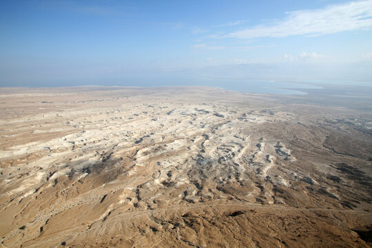 Waterless landscape of the Judea desert, view from Masada towards the Dead Sea, Israel