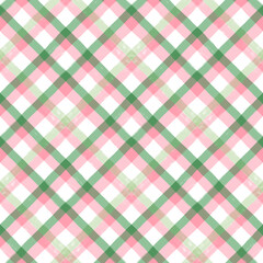 Fototapeta premium Watercolor plaid vector pattern, gingham pink and green diagonal lines print with brush paint texture