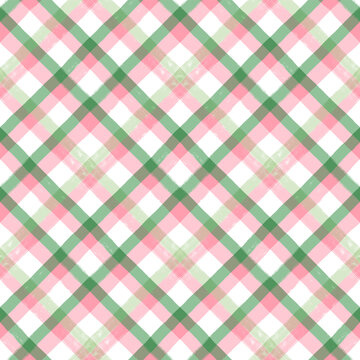 Watercolor plaid vector pattern, gingham pink and green diagonal lines print with brush paint texture