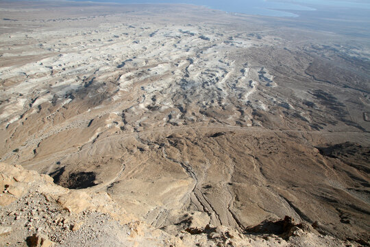 Waterless landscape of the Judea desert, view from Masada towards the Dead Sea, Israel