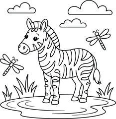 Obraz premium Cute zebra standing in meadow with dragonflies and clouds, drawing for children coloring book page featuring friendly animal and happy in outline