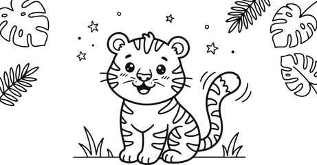 Fototapeta premium Cute baby tiger coloring page with tropical jungle leaves and stars for kids activity