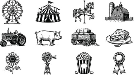 Naklejka premium Vintage Hand Drawn Engraving Style County Fair and Autumn Harvest Festival Icon Set for Amusement Park Maps, Marketing Flyers, and Web Interfaces