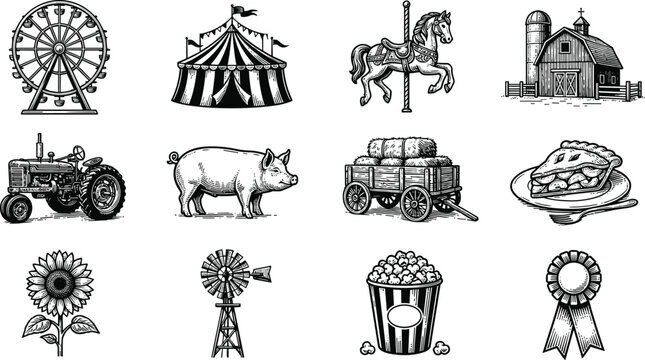 Vintage Hand Drawn Engraving Style County Fair and Autumn Harvest Festival Icon Set for Amusement Park Maps, Marketing Flyers, and Web Interfaces