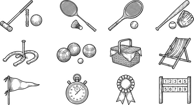 Vintage Hand Drawn Engraving Style Lawn Games and Backyard Picnic Equipment Icon Set for Tournament Events and Summer Festival Marketing Media Designs